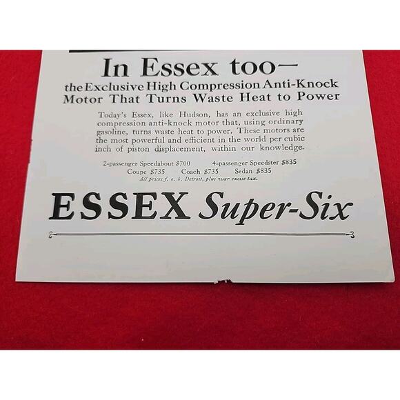 Vtg 1927 Essex Super Six: High Compression Anti Knock Motor Print Ad Ephemera - Picture 4 of 5